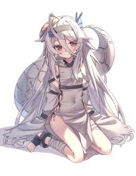 Rule 34 | 1girl, armpit crease, bandaged ankle, bandaged foot, bandaged leg, bandages, black hairband, blue flower, blush, chimera, closed mouth, covered navel, cowlick, detached sleeves, dragon horns, dragon tail, dress, fins, flower, full body, hair between eyes, hair flower, hair ornament, hairband, head fins, high collar, highres, horns, kneeling, long hair, long sleeves, looking at viewer, no shoes, original, pelvic curtain, red eyes, shiro youduki, sidelocks, simple background, sitting, solo, tail, thighs, wariza, white background, white dress, white hair, white sleeves