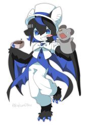Rule 34 | 1boy, animal ears, bat ears, black hair, blue eyes, blue hair, blush stickers, bow, bowtie, brooch, cape, cup, fingernails, full body, hand puppet, happy, hat, highres, holding, holding teacup, humanization, jewelry, kokum0tsu, komori (kokum0tsu), looking at viewer, male focus, monster boy, multicolored hair, no shoes, original, puppet, sharp fingernails, sharp toenails, short hair, smile, solo, solo focus, teacup, teeth, toenails, top hat, vest, white background, wings, wings for arms