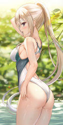 Rule 34 | 1girl, arm up, ass, back, back cutout, bare arms, bare shoulders, blurry, bokeh, breasts, clothing cutout, competition swimsuit, cowboy shot, depth of field, from behind, genshin impact, hair tie in mouth, highres, impossible clothes, impossible swimsuit, jean (genshin impact), kitin, long hair, looking at viewer, medium breasts, mouth hold, one-piece swimsuit, ponytail, profile, solo, standing, swimsuit, very long hair, water, wet, wet clothes, wet swimsuit