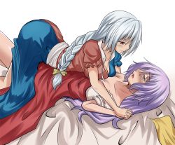 Rule 34 | 2girls, ass, bed, blue dress, blush, braid, breast press, breasts, cleavage, collarbone, dress, dress shirt, eye contact, girl on top, unworn headwear, holding hands, interlocked fingers, large breasts, light purple hair, light smile, long hair, looking at another, lying, lying on person, multicolored clothes, multicolored dress, multiple girls, no headwear, no headwear, open clothes, open mouth, open shirt, own hands together, puffy short sleeves, puffy sleeves, red dress, red eyes, shamisen (syami sen), shirt, short sleeves, silver hair, single braid, symmetrical docking, touhou, touhou (pc-98), very long hair, watatsuki no yorihime, yagokoro eirin, yellow eyes, yuri