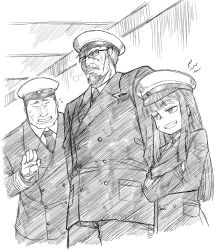 Rule 34 | 10s, 1girl, 2boys, admiral (kancolle), anger vein, angry, bad id, bad pixiv id, beard, crossed arms, facial hair, female admiral (kancolle), glasses, greyscale, grin, hat, kantai collection, long hair, military, military uniform, monochrome, multiple boys, personification, scar, sigh, size difference, smile, suzuya (kancolle), sweatdrop, takatsu keita, uniform