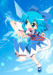 Rule 34 | 1girl, blue eyes, blue hair, bow, cirno, dress, embodiment of scarlet devil, fairy wings, female focus, full body, gradient background, hair bow, massala, matching hair/eyes, snow, solo, touhou, wings