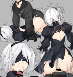 Rule 34 | 1boy, 1girl, anal, android, ass, blindfold, censored, cleavage cutout, clothed sex, clothing cutout, cum, cum in pussy, cumdrip, doggystyle, dress, facial, gloves, hetero, multiple views, negresco, nier (series), nier:automata, panties, penis, prone bone, sex, sex from behind, short hair, skirt, thighhighs, underwear, white hair, 2b (nier:automata), 9s (nier:automata)
