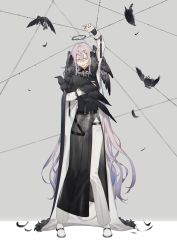 Rule 34 | 1other, absurdres, airash, androgynous, animal, arm up, bird, bound, bound arms, crow, feathers, full body, halo, head wings, highres, holding, holding animal, holding bird, long hair, long sleeves, looking at viewer, original, pants, parted lips, pink hair, purple eyes, see-through, shirt, side slit, standing, thigh strap, very long hair, white footwear, white pants, wings