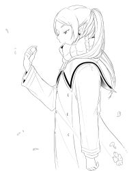Rule 34 | 1girl, absurdres, arm at side, buttons, closed mouth, coat, double-breasted, earrings, elf, eyelashes, flower, frieren, greyscale, hair over shoulder, half-closed eyes, highres, holding, holding jewelry, holding ring, jewelry, long hair, long sleeves, monochrome, petals, pointy ears, profile, ring, sachinyopo, scarf, simple background, smile, solo, sousou no frieren, twintails, upper body, wind