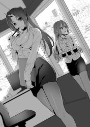 Rule 34 | 1other, 2girls, :d, absurdres, akechi shizuku, alternate costume, black horns, blush, breasts, chair, cityscape, cleavage, closed mouth, collared shirt, contemporary, cup, desk, dress shirt, drink, drinking glass, greyscale, hair between eyes, high ponytail, highres, holding, holding pencil, holding tray, horn, horns, indoors, large breasts, long hair, long sleeves, looking at viewer, looking away, looking to the side, mechanical pencil, medium breasts, monitor, monochrome, multiple girls, office chair, office lady, oni, oni girl, oni horn, oni horns, open mouth, pantyhose, parted bangs, pencil, pencil skirt, ponytail, rimuru tempest, shion (tensei shitara slime datta ken), shirt, shuna (tensei shitara slime datta ken), single horn, skirt, smile, swivel chair, tensei shitara slime datta ken, tray, very long hair, vest, white horns, window