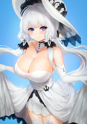 Rule 34 | 1girl, artnohearts, azur lane, blue eyes, blush, breasts, cleavage, clothes lift, curtsey, dress, dress lift, elbow gloves, garter straps, gloves, hair ornament, hair ribbon, hat, illustrious (azur lane), lace trim, large breasts, lifting own clothes, long hair, looking at viewer, mole, mole under eye, ribbon, smile, solo, strapless, strapless dress, sun hat, thighhighs, very long hair, white dress, white gloves, white hair, white hat, white thighhighs