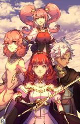 Rule 34 | 1boy, 3girls, armor, boey (fire emblem), breastplate, bright pupils, cape, celica (fire emblem), fire emblem, fire emblem echoes: shadows of valentia, fire emblem gaiden, genny (fire emblem), grin, highres, holding, holding sword, holding weapon, looking at viewer, mae (fire emblem), multiple girls, nintendo, pauldrons, pink hair, red hair, shoulder armor, smile, sword, twintails, weapon, white hair