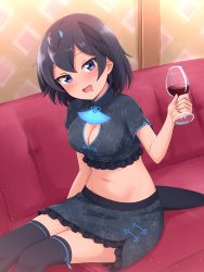 Rule 34 | 1girl, :d, absurdres, adapted costume, black hair, black skirt, black thighhighs, blue eyes, blush, cleavage cutout, clothing cutout, commentary, couch, crop top, cup, drinking glass, drooling, drunk, frilled skirt, frills, head tilt, head wings, highres, holding, holding cup, indoors, kemono friends, looking at viewer, midriff, mouth drool, navel, open mouth, shiraha maru, short hair, short sleeves, sitting, skirt, smile, solo, superb bird-of-paradise (kemono friends), tail, thighhighs, wine glass, wings