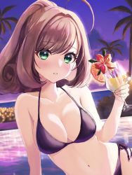 Rule 34 | 1girl, absurdres, bikini, blush, breasts, character request, cleavage, cocktail, cocktail glass, collarbone, copyright request, cup, drinking glass, halterneck, highres, holding, holding cup, kudou (sikisiki0000), looking at viewer, medium breasts, night, parted lips, ponytail, purple bikini, sato shin, side-tie bikini bottom, solo, string bikini, swimsuit, water