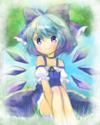 Rule 34 | 1girl, adapted costume, bad id, bad pixiv id, bare shoulders, blue eyes, blue hair, blue sky, bow, choker, cirno, day, detached sleeves, dress, ellipsis (mitei), faux traditional media, grass, hair bow, highres, hugging own legs, looking at viewer, matching hair/eyes, ribbon, short hair, sitting, sky, smile, solo, texture, touhou, tree, wings