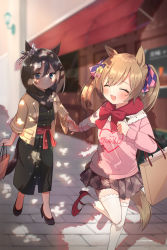 Rule 34 | 2girls, :d, ^ ^, absurdres, animal ears, bag, black dress, black footwear, black hair, black scarf, blue eyes, blurry, blurry background, blush, bow, breasts, brown hair, brown jacket, closed eyes, closed mouth, commentary request, day, depth of field, dress, eishin flash (umamusume), etesumsom, grey skirt, hair between eyes, hair bow, high heels, highres, holding, holding bag, holding hands, horse ears, horse girl, horse tail, jacket, looking at viewer, medium breasts, multiple girls, open clothes, open jacket, open mouth, outdoors, paper bag, pink bow, pink shirt, plaid, plaid skirt, pleated skirt, purple bow, red footwear, scarf, shirt, shoes, shopping bag, skirt, smart falcon (umamusume), smile, tail, thighhighs, twintails, umamusume, white legwear, yellow bow