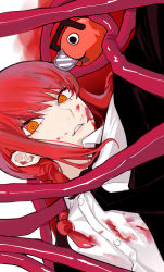 Rule 34 | 1girl, black coat, black necktie, blood, blood on clothes, blood on face, braid, braided ponytail, chainsaw, chainsaw man, coat, collared shirt, highres, intestines, long hair, looking at viewer, makima (chainsaw man), necktie, orange eyes, pochita (chainsaw man), red hair, ringed eyes, sailen0, shirt, sidelocks, sideways, solo focus, two-tone background, white shirt
