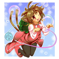 Rule 34 | 1girl, animal ears, bad id, bad pixiv id, brown hair, cat ears, cat girl, cat tail, chen, female focus, full body, hat, multiple tails, niji sugi, pantyhose, red eyes, short hair, solo, tail, touhou