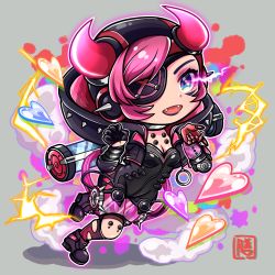 Rule 34 | 1girl, animification, apex legends, black bodysuit, black gloves, black headwear, black jacket, bodysuit, breasts, chibi, cleavage, cyber punked wattson, eyepatch, fangs, gloves, heart, highres, horns, ichizen keiki, jacket, lipstick, makeup, mechanical arms, mechanical legs, medium breasts, official alternate costume, one eye covered, open mouth, pink hair, purple lips, single mechanical arm, smile, solo, wattson (apex legends), white background