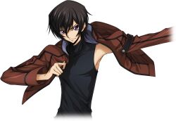 Rule 34 | 1boy, arm up, armpits, artist request, black hair, black shirt, brown jacket, closed mouth, code geass, code geass: lost stories, covered collarbone, cropped torso, dressing, game cg, hair between eyes, hand up, happy, highres, jacket, lelouch vi britannia, long sleeves, looking at viewer, male focus, non-web source, official art, open clothes, open jacket, outstretched arm, purple eyes, putting on jacket, shirt, short hair, sidelocks, simple background, sleeveless, sleeveless shirt, smile, solo, standing, transparent background, turtleneck shirt, upper body, v-shaped eyebrows