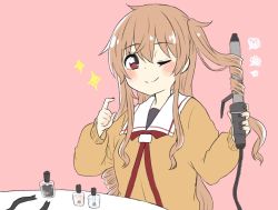 Rule 34 | 1girl, ;), cardigan, curling hair, drill hair, kantai collection, light brown hair, long hair, looking at viewer, murasame (kancolle), neck ribbon, one eye closed, pink background, red eyes, red ribbon, ren kun, ribbon, simple background, smile, solo, two side up, upper body
