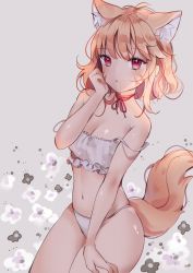 Rule 34 | 1girl, :&lt;, animal ear fluff, animal ears, anyuu, bare arms, bare shoulders, bikini, blush, borrowed character, breasts, brown hair, cat ears, cat girl, cat tail, cleavage, commentary, copyright request, facial mark, floral background, grey background, groin, hand up, highres, looking at viewer, navel, parted lips, red eyes, small breasts, solo, strap slip, swimsuit, tail, triangle mouth, virtual youtuber, whisker markings, white bikini