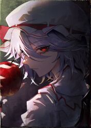 Rule 34 | 1girl, 33 gaff, absurdres, apple, black eyeliner, blue hair, closed mouth, eyelashes, eyeliner, food, fruit, hat, hat ribbon, highres, holding, holding food, holding fruit, looking at viewer, makeup, messy hair, mob cap, pink hat, red eyes, remilia scarlet, ribbon, short hair, smile, solo, touhou, upper body, white hat, wrist cuffs