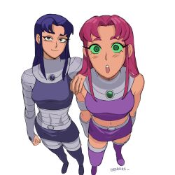 Rule 34 | 2girls, artist name, blackfire, blush, breasts, colored sclera, commentary, dc comics, english commentary, full body, green eyes, green sclera, hand on another&#039;s shoulder, highres, jenxd d, long hair, looking at viewer, medium breasts, multiple girls, navel, open mouth, purple eyes, purple hair, red hair, siblings, simple background, sisters, skirt, sleeveless, smile, starfire, teen titans, teeth, upper teeth only, white background, wide-eyed