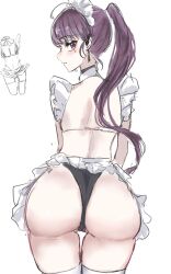 Rule 34 | 1girl, alternate costume, apron, ass, back, black panties, blush, dolla (nikke), enmaided, frilled apron, frills, from behind, goddess of victory: nikke, huge ass, long hair, looking at viewer, looking back, maid, maid headdress, miumiumi 99, multiple views, panties, ponytail, purple eyes, purple hair, simple background, solo, thigh gap, thighhighs, underwear, white background, white thighhighs, wide hips