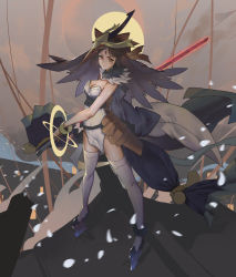 Rule 34 | &gt;:(, 1girl, absurdres, armor, black hair, breasts, brown eyes, cleavage, closed mouth, dress, facial mark, forehead mark, frown, full body, headdress, highres, holding, holding sword, holding weapon, looking at viewer, medium breasts, original, short dress, short hair, solo, sunshine (1638509769), sword, thighhighs, v-shaped eyebrows, weapon, white dress, white thighhighs