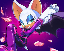 Rule 34 | 1girl, animal ears, animal nose, bat ears, bat girl, bat wings, bodysuit, breasts, cleavage, commentary, english commentary, eyeshadow, furry, furry female, gem, gloves, green eyes, looking at viewer, makeup, purple bodysuit, rouge the bat, setispaghetti, smile, solo, sonic (series), sonic prime, white fur, white gloves, white hair, wings