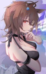 Rule 34 | 1girl, absurdres, agnes tachyon (umamusume), ahoge, animal ears, arm garter, arm under breasts, black dress, black nails, blush, breast hold, breasts, brown hair, choker, cleavage, closed mouth, dress, earrings, hand up, highres, horse ears, jewelry, looking at viewer, looking to the side, medium hair, red eyes, sei (bigaa), single earring, sleeveless, sleeveless dress, small breasts, smile, solo, umamusume, upper body