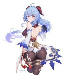 Rule 34 | 1girl, ahoge, artist name, ass, bare shoulders, blue hair, blush, bodysuit, breasts, dated, detached sleeves, embarrassed, from behind, frown, ganyu (genshin impact), genshin impact, gloves, unworn gloves, goat horns, gold trim, hair between eyes, highres, horns, leotard, long hair, looking at viewer, looking back, munger, pantyhose, pelvic curtain, purple eyes, shiny clothes, shiny skin, sideboob, simple background, single glove, skin tight, solo, sweat, torn clothes, torn pantyhose, very long hair, waist cape, white background