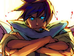 Rule 34 | 1boy, blue eyes, blue hair, close-up, crossed arms, frown, glowing, glowing eyes, grin, gunbuster pose, kaito (vocaloid), looking at viewer, male focus, microphone, scarf, short hair, simple background, smile, solo, sugikiyu, teeth, upper body, vocaloid, white background