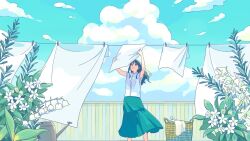 Rule 34 | 1girl, arms up, basket, black hair, blue sky, clothesline, cloud, cloudy sky, cumulonimbus cloud, day, feet out of frame, fence, flower, green skirt, green sky, holding, laundry, laundry basket, lily of the valley, long hair, open mouth, original, outdoors, plant, shirt, short sleeves, skirt, sky, solo, standing, tamiura 0422, white flower, white shirt