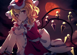 Rule 34 | blonde hair, bobby socks, bow, crystal, dise (psychoro), flandre scarlet, frilled shirt, frilled shirt collar, frilled skirt, frilled sleeves, frills, hat, hat ribbon, highres, looking at viewer, medium hair, mob cap, moon, one side up, ponytail, puffy short sleeves, puffy sleeves, red bow, red eyes, red footwear, red ribbon, red skirt, red vest, ribbon, shirt, short sleeves, skirt, skirt set, socks, solo, touhou, vest, white bow, white shirt, wings