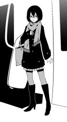 Rule 34 | 1girl, bag, boots, coat, fugetac, full body, glasses, greyscale, highres, knee boots, monochrome, original, pantyhose, scarf, screentones, skirt, solo, tote bag, winter clothes, winter coat
