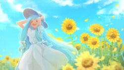 Rule 34 | 1girl, alternate costume, blue hair, blue sky, blunt bangs, blush, bow, chipochopo324, closed eyes, cloud, cloudy sky, commentary request, dress, feet out of frame, field, flower, flower field, hair bow, hands on headwear, hat, highres, kotonoha aoi, low-tied sidelocks, multiple hair bows, open mouth, outdoors, petals, puffy short sleeves, puffy sleeves, short sleeves, sidelocks, sky, smile, solo, standing, straw hat, sundress, sunflower, sunflower field, voiceroid, white bow, white dress