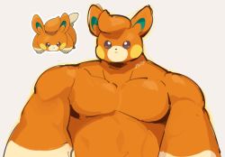 Rule 34 | 1boy, bara, blush stickers, brown eyes, closed mouth, creatures (company), furry, furry male, game freak, looking at viewer, male focus, muscular, muscular male, nintendo, outline, pawmi, pectorals, personification, pokemon, pokemon sv, reference inset, solo, thick arms, upper body, white outline, yogireji