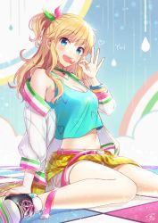 Rule 34 | 1girl, bangle, bekkourico, belt, blonde hair, blue eyes, blush, bow, bracelet, breasts, candy, choker, cleavage, crop top, food, gem, green choker, hair bow, idolmaster, idolmaster cinderella girls, jewelry, lollipop, long hair, looking at viewer, navel, off-shoulder jacket, off shoulder, ohtsuki yui, one side up, see-through, shoes, shorts, shorts under skirt, sitting, small breasts, sneakers, solo, tile floor, tiles, wariza