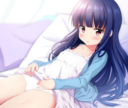 Rule 34 | 1girl, bed sheet, blue hair, blue jacket, blunt bangs, blush, breasts, cleavage, collarbone, commentary request, dress, idolmaster, idolmaster cinderella girls, jacket, long hair, long sleeves, lying, on back, open clothes, open jacket, panties, parted lips, pillow, red eyes, sajo yukimi, sleeveless, sleeveless dress, sleeves past wrists, small breasts, solo, sui. (ayase), underwear, very long hair, white dress, white panties