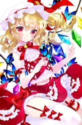 Rule 34 | 1girl, arm garter, blonde hair, blush, bow, bow legwear, brooch, bug, butterfly, butterfly on hand, closed mouth, cross-laced clothes, crystal, curly hair, expressionless, flandre scarlet, frilled shirt, frills, garter straps, hat, hat ribbon, highres, holding, insect, jewelry, looking at viewer, medium hair, midriff, mob cap, navel, neck ribbon, one side up, petticoat, red bow, red eyes, red ribbon, red skirt, ribbon, ribbon-trimmed skirt, ribbon trim, sakurato remi, shirt, simple background, single thighhigh, skirt, skirt set, sleeveless, sleeveless shirt, solo, thigh strap, thighhighs, touhou, white background, wings