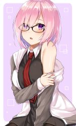 Rule 34 | 1girl, black dress, black pantyhose, blush, dress, eyes visible through hair, fate/grand order, fate (series), glasses, hair over one eye, highres, jacket, kayano (hizukis ), looking at viewer, mash kyrielight, necktie, off shoulder, open mouth, pantyhose, purple eyes, purple hair, red necktie, short hair, sitting, solo, two-tone background