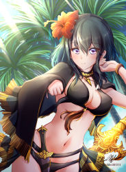 Rule 34 | 1girl, bad id, bad pixiv id, bikini, black bikini, black cape, blue eyes, blue hair, blue sky, bracelet, breasts, byleth (female) (fire emblem), byleth (female) (summer) (fire emblem), byleth (fire emblem), cape, clear glass (mildmild1311), cleavage, closed mouth, cloud, collarbone, commentary request, covered erect nipples, cowboy shot, dagger, day, fire emblem, fire emblem: three houses, fire emblem heroes, flower, glint, groin, hair between eyes, hair flower, hair ornament, hands up, highres, jewelry, knife, large breasts, light rays, long hair, looking at viewer, midriff, navel, necklace, nintendo, official alternate costume, palm tree, sheath, sheathed, sidelocks, signature, sky, smile, solo, standing, sunbeam, sunlight, swimsuit, sword of the creator, tassel, tree, twitter username, weapon