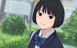 Rule 34 | 1girl, black hair, blazer, blurry, blurry background, bow, bowtie, dutch angle, jacket, kyak bamboo, looking at viewer, original, outdoors, school uniform, short hair, smile, solo, upper body