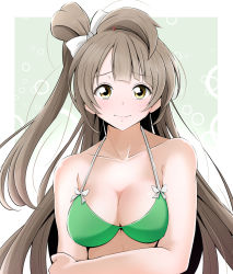 Rule 34 | 10s, 1girl, bikini, bikini top only, bow, breasts, bubble background, cleavage, closed mouth, collarbone, commentary request, green background, green bikini, grey hair, hair bow, kirisaki reina, long hair, looking at viewer, love live!, love live! school idol project, medium breasts, minami kotori, side ponytail, smile, solo, swimsuit, upper body, white bow, yellow eyes
