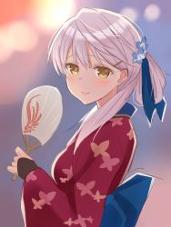 Rule 34 | 1girl, animal print, butterfly print, closed mouth, fire emblem, fire emblem: radiant dawn, fire emblem heroes, flower, from side, hair flower, hair ornament, hand fan, highres, holding, holding fan, japanese clothes, kimono, long hair, looking to the side, micaiah (fire emblem), nintendo, official alternate costume, paper fan, red kimono, shiyo yoyoyo, silver hair, smile, solo, uchiwa, yellow eyes, yukata