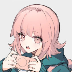 Rule 34 | 1girl, chinese commentary, commentary request, danganronpa (series), danganronpa 2: goodbye despair, flipped hair, grey background, handheld game console, hands up, holding, holding handheld game console, jacket, long sleeves, looking at viewer, medium hair, nanami chiaki, open mouth, pink eyes, pink hair, simple background, sketch, solo, yusa (yusa0751)