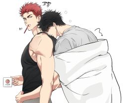 Rule 34 | 2boys, black eyes, black hair, closed eyes, closed mouth, couple, cup, hands on another&#039;s waist, highres, holding, holding cup, hug, hug from behind, korean commentary, korean text, looking back, male focus, multiple boys, no11xno10, pectorals, red hair, rukawa kaede, sakuragi hanamichi, short hair, sidepec, simple background, slam dunk (series), squeans, sleepy, toned, toned male, toothbrush in mouth, translated, under covers, upper body, white background, yaoi