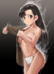 Rule 34 | 10s, 1girl, abazu-red, bare shoulders, black eyes, black hair, breasts, chi-hatan military uniform, closed mouth, collarbone, cowboy shot, dressing, eyelashes, fundoshi, girls und panzer, gradient background, highres, japanese clothes, large breasts, loincloth, long hair, long sleeves, looking at viewer, navel, nishi kinuyo, no bra, no pants, outstretched arm, shiny skin, smile, solo, star (symbol), steam, stomach, toned