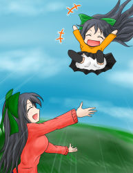 Rule 34 | 2girls, ^ ^, age difference, arms up, azumax, black hair, bloomers, blue sky, closed eyes, day, closed eyes, female focus, happy, kokuu haruto, long hair, mother and daughter, multiple girls, open mouth, orange shirt, original, reiuji utsuho, shirt, skirt, sky, smile, sweater, touhou, underwear