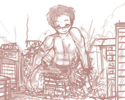 Rule 34 | city, destruction, giant, glasses, monochrome, muscular, navel, nipples, norahike, short hair, sitting, tongue out