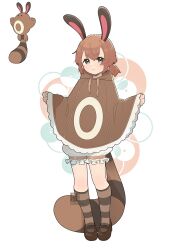 Rule 34 | 1girl, :&lt;, animal ears, artist name, bloomers, brown cloak, brown footwear, brown hair, brown socks, cloak, closed mouth, commentary, creatures (company), english commentary, full body, game freak, gen 2 pokemon, green eyes, hand up, highres, hood, hood down, hooded cloak, humanization, jacequilart, looking at viewer, low twintails, mary janes, medium hair, nintendo, pokemon, sentret, shoes, socks, solo, striped clothes, striped socks, tail, twintails, underwear, white bloomers