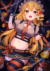 Rule 34 | 1girl, :3, belt, blonde hair, blush, bracelet, breasts, cake, checkerboard cookie, chocolate, cleavage cutout, clothing cutout, collared shirt, cookie, crop top, food, fork, gloves, hair ornament, hairclip, halloween, harness, hat, heart cutout, highres, holding, holding food, holding fork, jack-o&#039;-lantern, jewelry, kawagami raito, large breasts, long hair, looking at viewer, microskirt, midriff, navel, open mouth, orange eyes, original, panty straps, pie, pie slice, puffy sleeves, ribbon, sandwich cookie, shirt, skirt, solo, striped clothes, striped thighhighs, thighhighs, very long hair, witch hat